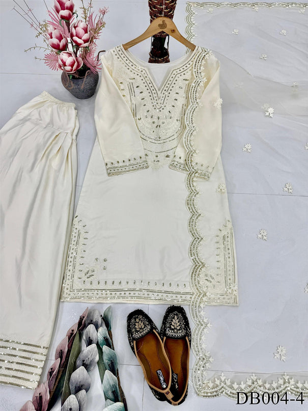 White Color Heavy Natural Silk Embroidery Work Top Plazzo