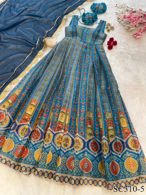 Blue Color Pure Jimmy Organza Silk With Digital Print Gown