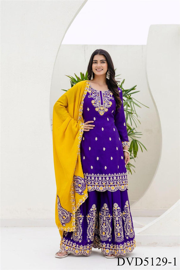 Chinon Fabric with Embroidery Sequience Coding Work Top Sharara