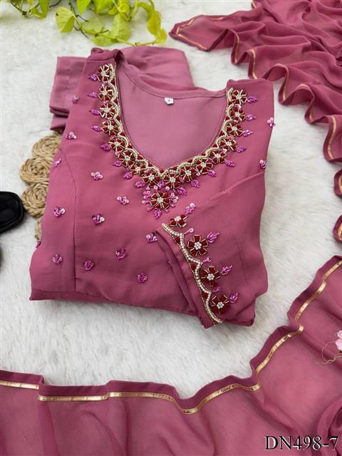 Pink Color Faux Georgette Hand Work Gown