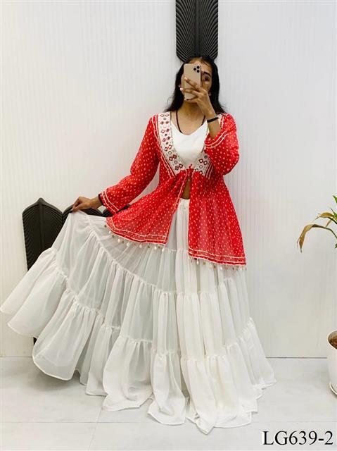Red And White Color Georgette With Real Mirror Work Koti Lehenga