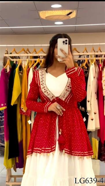 Red And White Color Georgette With Real Mirror Work Koti Lehenga