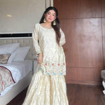 Off White Color Chinon Fabric With Embroidery Work Kurti Sharara