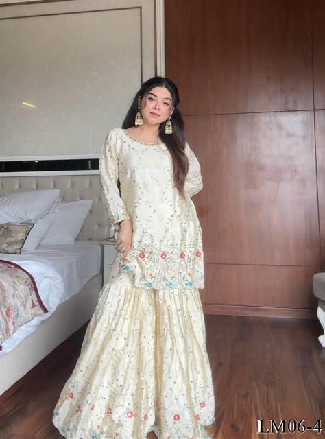 Off White Color Chinon Fabric With Embroidery Work Kurti Sharara