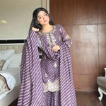 Purple Color Printed Chinon Embroidery Work Kurti Sharara