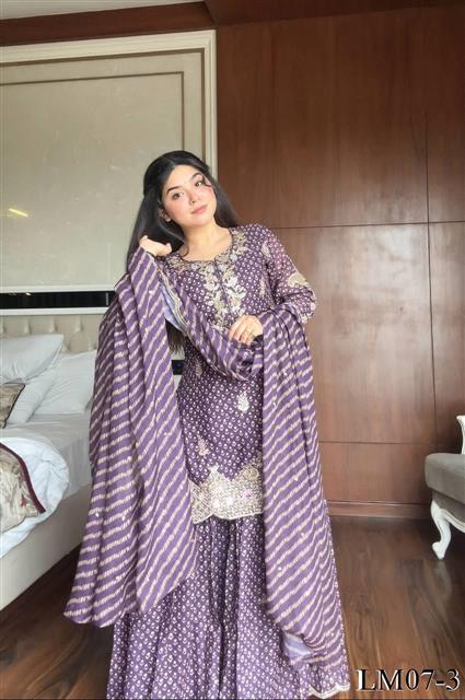 Purple Color Printed Chinon Embroidery Work Kurti Sharara
