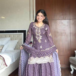 Purple Color Printed Chinon Embroidery Work Kurti Sharara