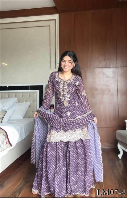 Purple Color Printed Chinon Embroidery Work Kurti Sharara