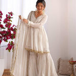 White Color Mal Chanderi Fabric With Mirror Work Top Sharara