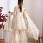 White Color Mal Chanderi Fabric With Mirror Work Top Sharara