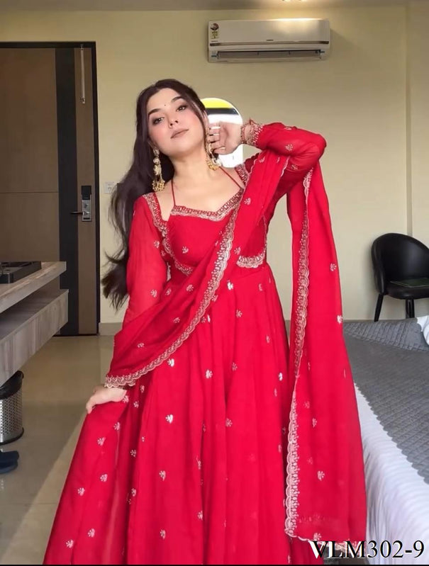 Red Color Foux Georgette Embroidery Work Gown