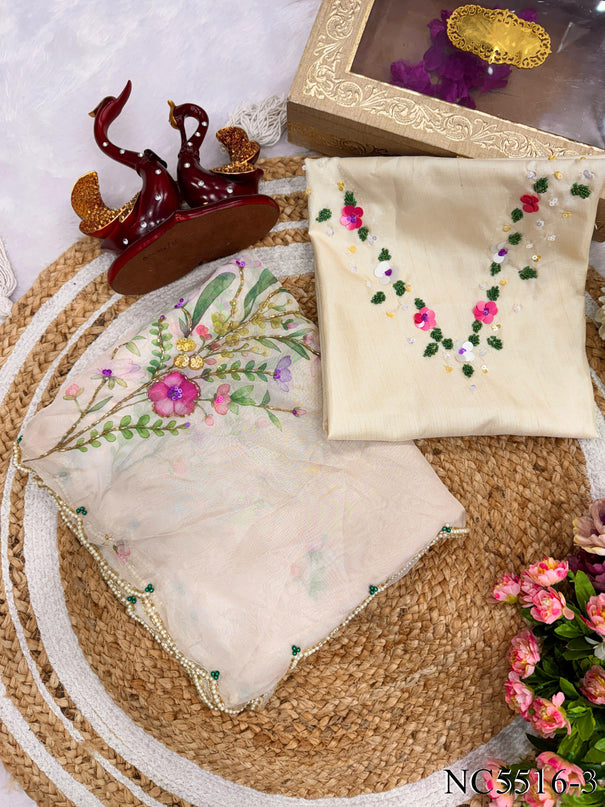 White Color Soft Tebby Silk With Floral Print Work Saree