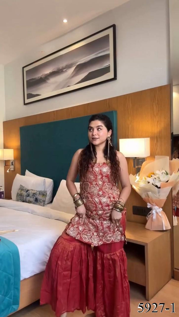 Maroon Color Simmer Silk With Thread And Sequience Work Top Sharara