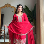 Red Color Chinon Beads And Sequience Work Top Salwaar