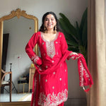 Red Color Chinon Beads And Sequience Work Top Salwaar