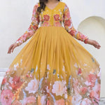 Yellow Color Fix Georgette Embroidery Work Gown
