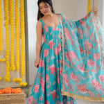 Sky Blue Color Muslin Print With Floral Work Anarkali