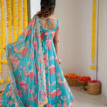 Sky Blue Color Muslin Print With Floral Work Anarkali