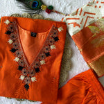 Orange Color Roman Silk With Hand Work Top Pent