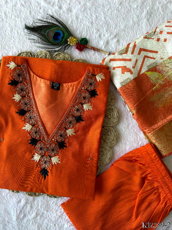 Orange Color Roman Silk With Hand Work Top Pent
