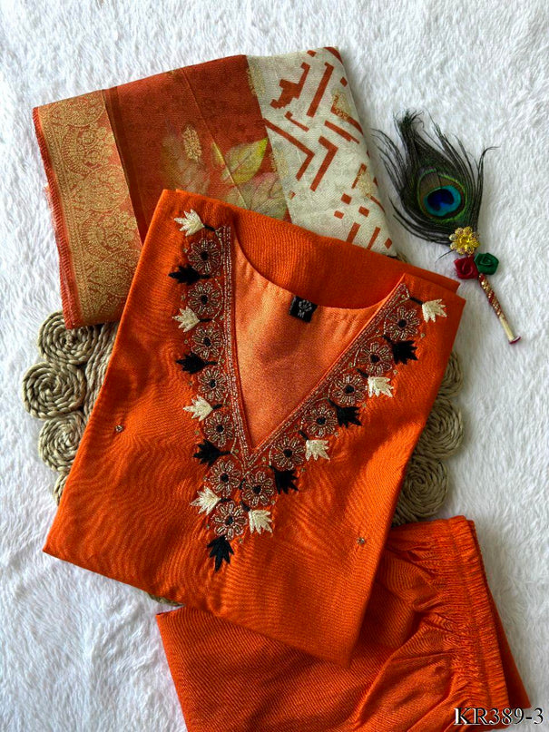 Orange Color Roman Silk With Hand Work Top Pent