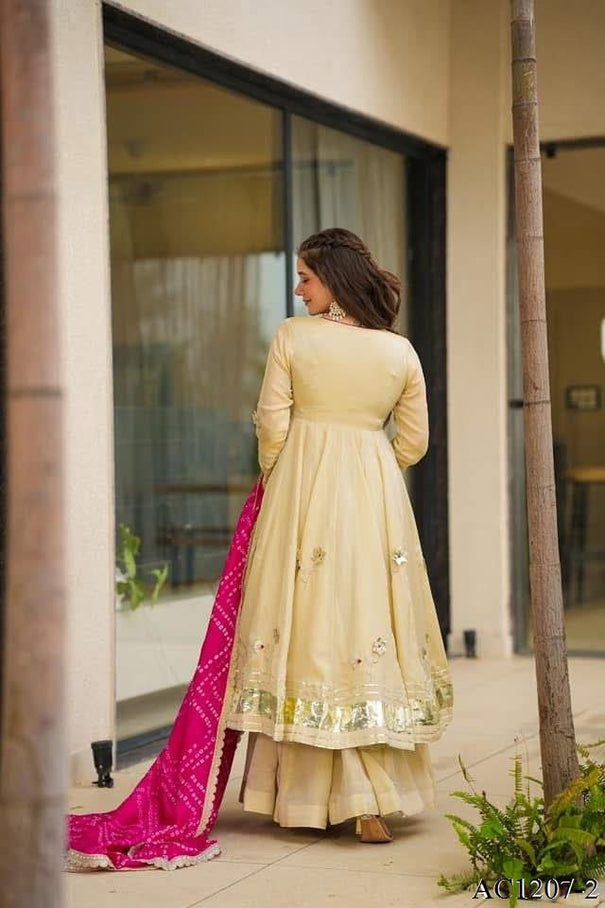 Off White Color Chinon With Hand Made Work Anarkali