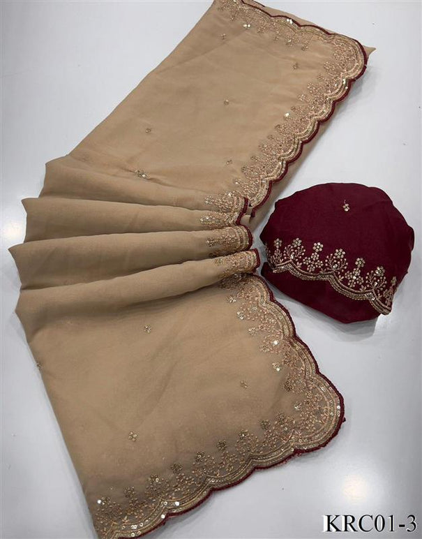 Beige Color Georgette Embroidery Work Saree