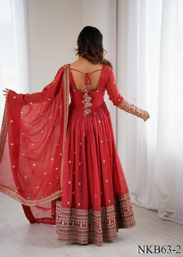Red Color Crunchy Silk With Embroidery Zari Work Gown