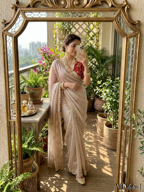 Beautiful Rich Moss Fabric Saree With Elegant Sequence Zari & Embroidery Work