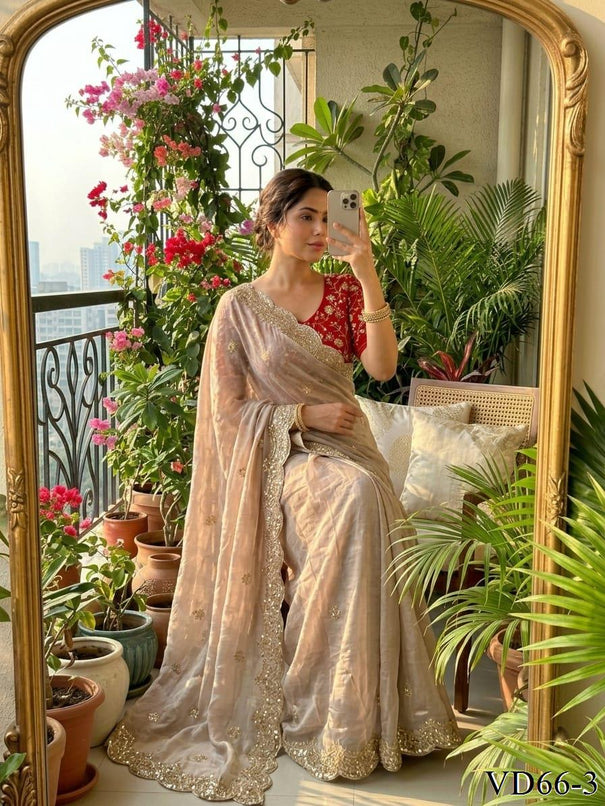 Beautiful Rich Moss Fabric Saree With Elegant Sequence Zari & Embroidery Work