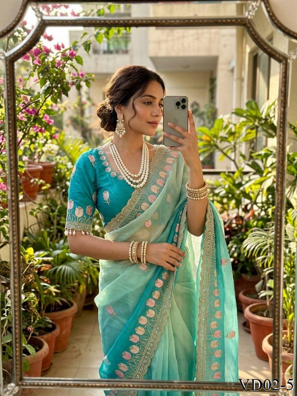 Beautiful Elegant Rich Look Embroidery Jharkhand Work Pure Soft Fendy Saree