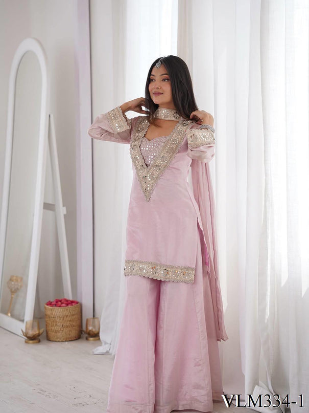 Beautiful Royal Look Heavy Lace Work & Real Mirror Work Silk Plazzo Set