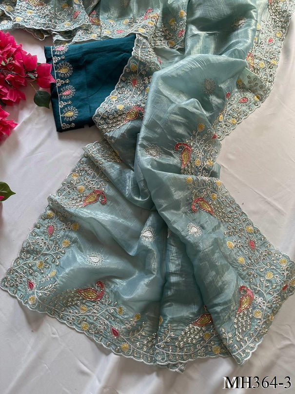 Beautifull Crushed Organza With Hand Embroidery Work Saree