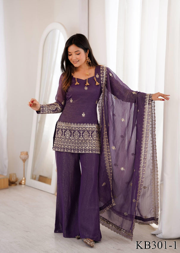 Beautiful Soft Crunchy Silk Embroidery Sequence & Jari Work Suit Set