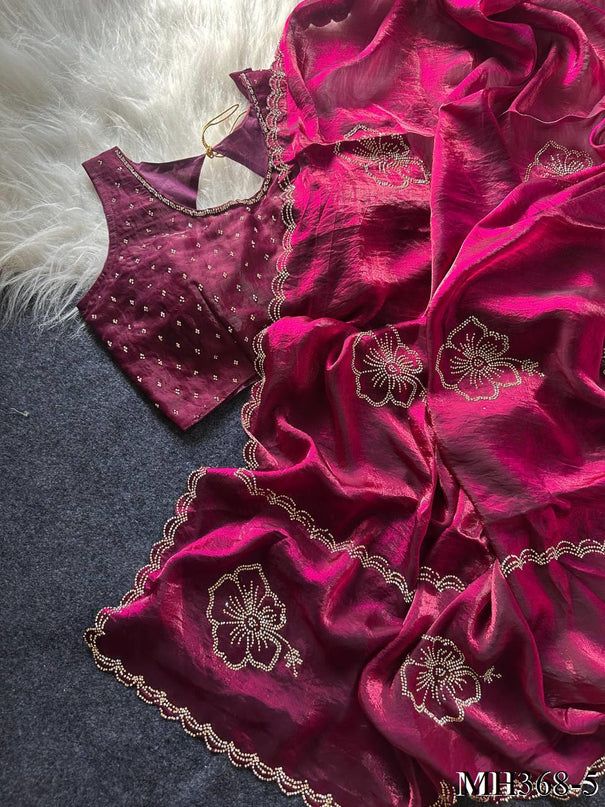Most Viral Sattin Silk With Beautifull Jarkhan Work Saree