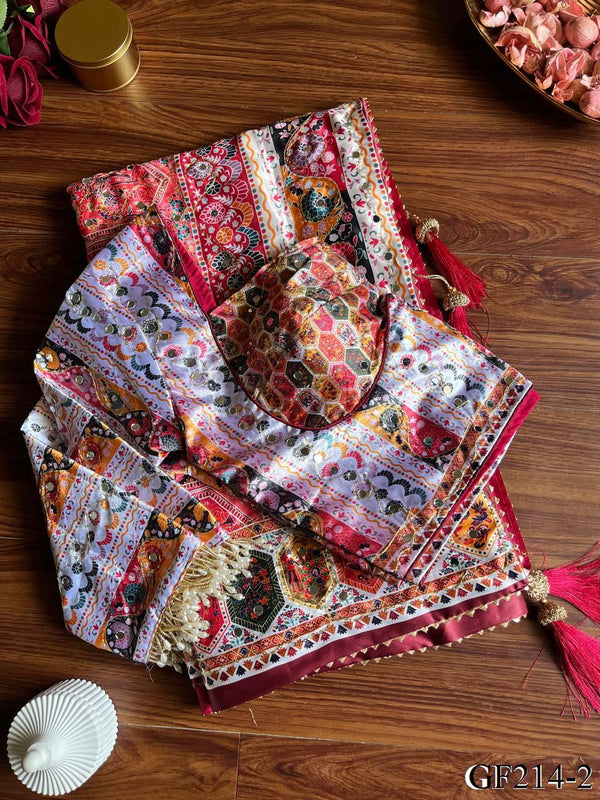 Beautiful Soft Rich Japan Satin Digital Print Aari Mirror Work Saree