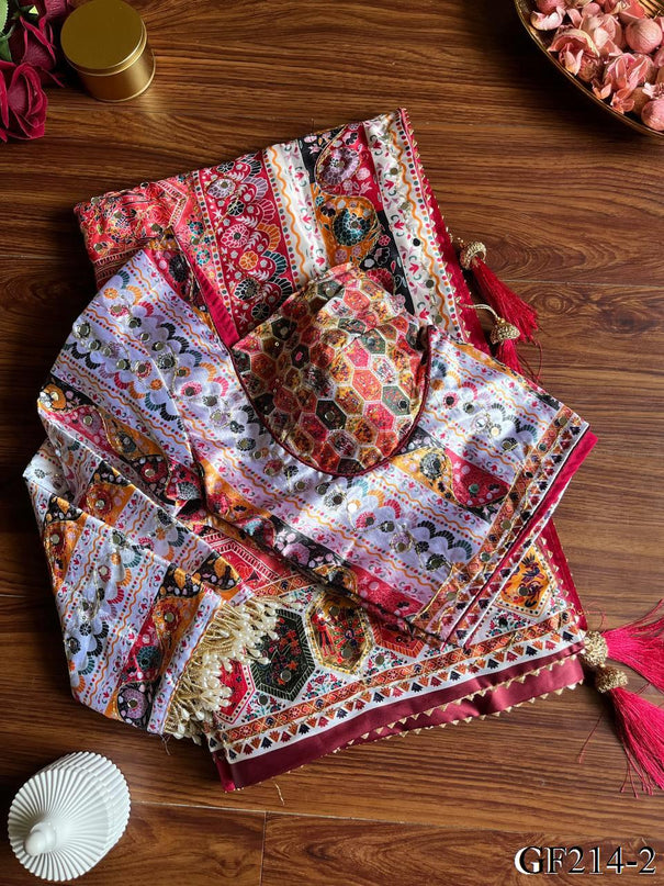 Beautiful Soft Rich Japan Satin Digital Print Aari Mirror Work Saree