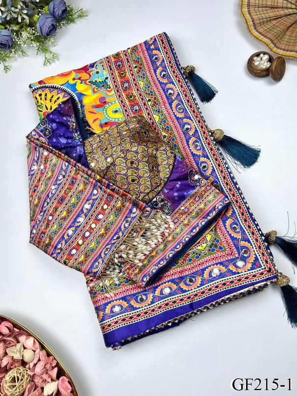 Beautiful Soft Rich Japan Satin Digital Print Aari & Mirror Work Saree