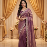 Beautiful Soft Fandy Satin With Lotus Embroidery & Rich Meena Work Saree