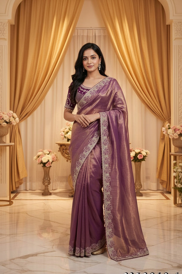Beautiful Soft Fandy Satin With Lotus Embroidery & Rich Meena Work Saree