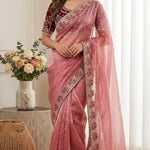 Beautiful Soft Fandy Satin With Lotus Embroidery & Rich Meena Work Saree