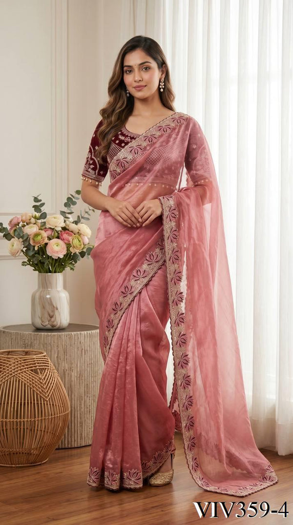 Beautiful Soft Fandy Satin With Lotus Embroidery & Rich Meena Work Saree