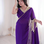 Beautiful Georgette With Mirror Lace Pallu & Designer Ready Made Saree