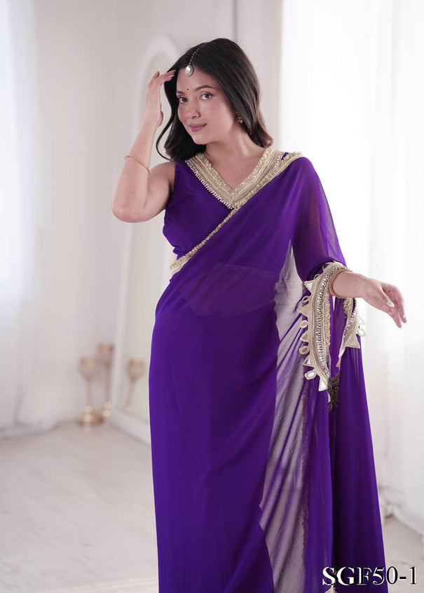 Beautiful Georgette With Mirror Lace Pallu & Designer Ready Made Saree