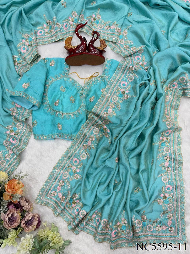 Beautiful Soft NC Vichitra Silk With Multi Color Thread Embroidery Work Saree