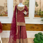 Beautiful Soft Rich Printed French Crepe Kurti Plazzo Set With Embroidery Work