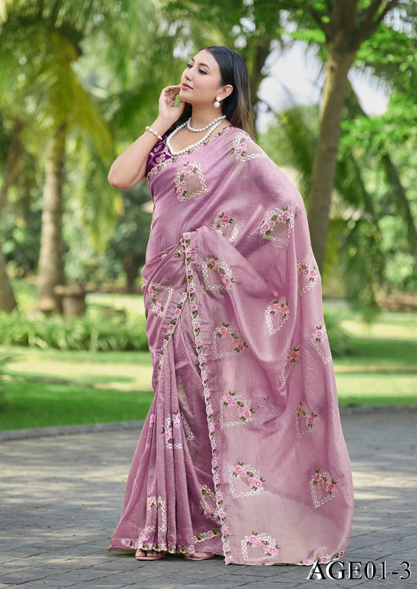Beautifull Paper Silk With Floral Embroidery Work Saree