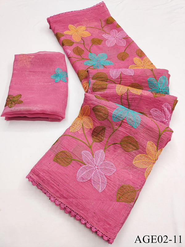 Beautifull Viscos Crunchy Silk With Embroidery Work Saree