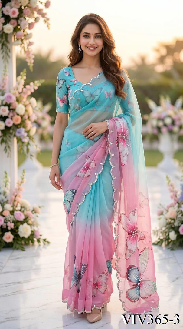 Beautifull Soft Tabby With Real Mirror With Butterfly Work Saree