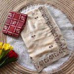 Beautiful Soft Rich Cream Shimmer Silk With Embroidery Work Saree